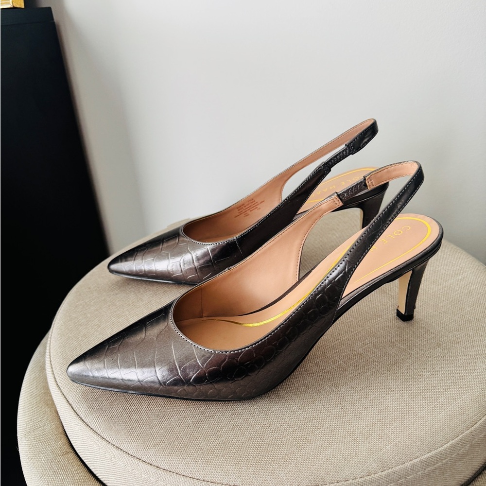 Cole Haan Metallic Embossed Slingback Heels 7.5
